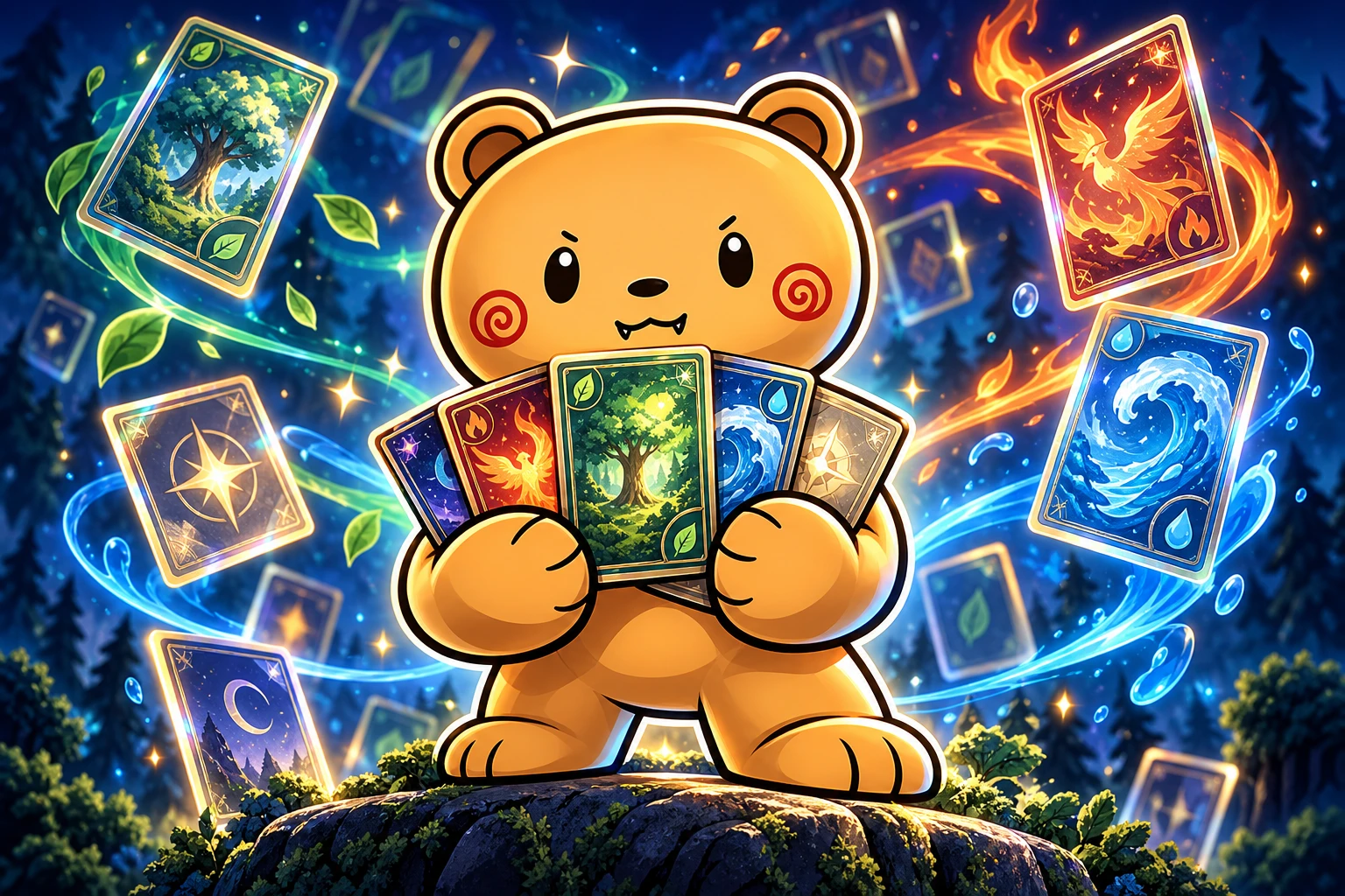 Bear Card mascot holding a fan of fantasy cards
